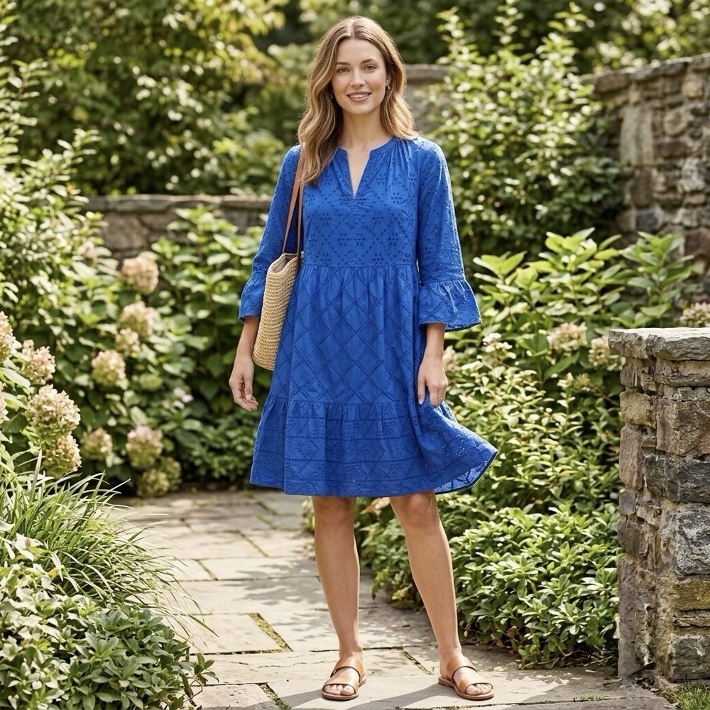 J Jill Size-S‎ Eyelet Tiered Dress Royal Blue Cotton Amalfi Coastal Boho